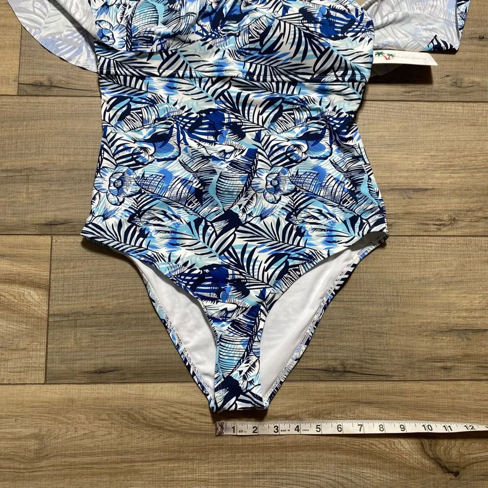 Stylish Swimwear Womens One Piece Floral Ruffle Halter Swimsuit Size‎ L Blue